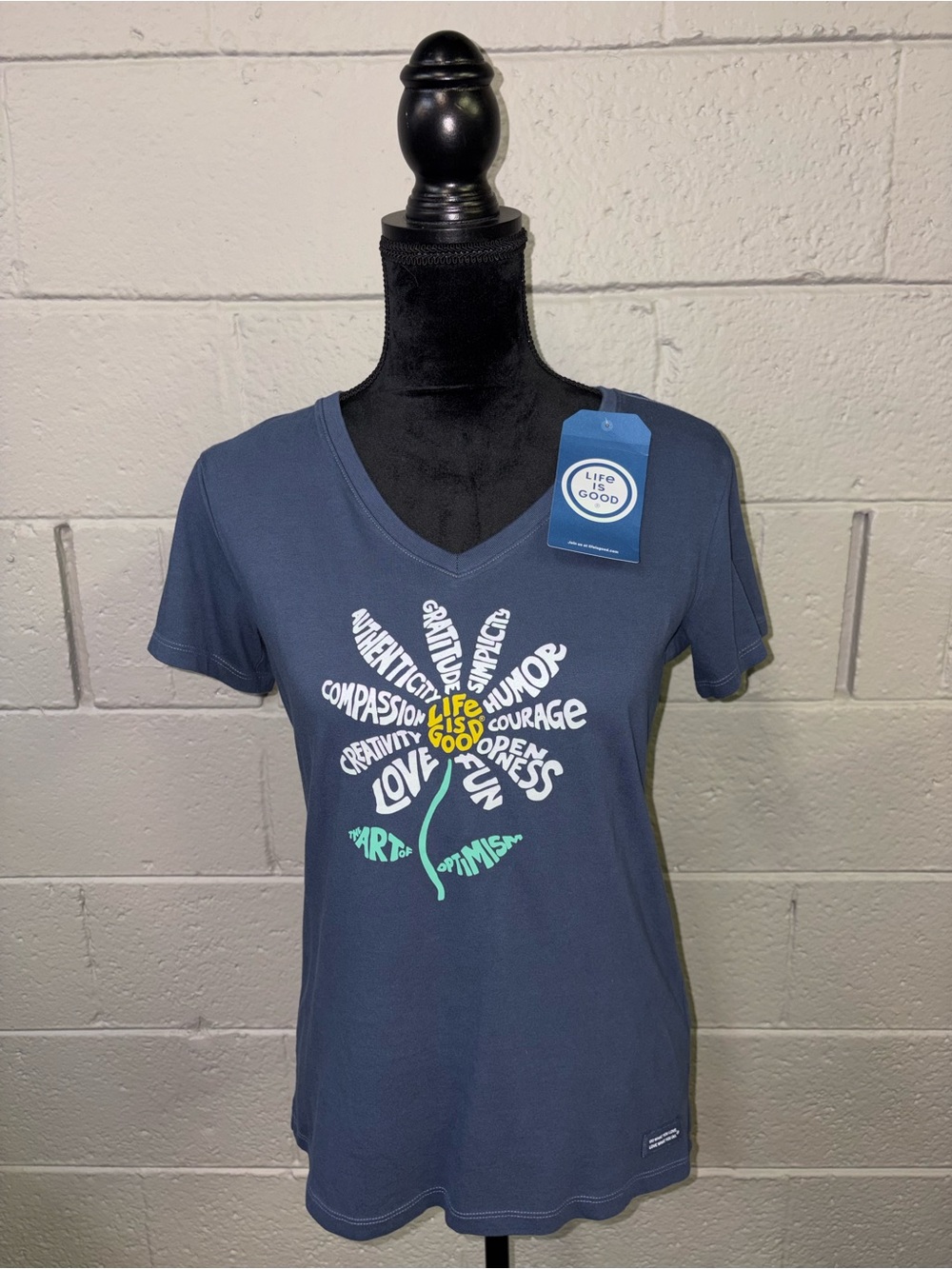 Life Is Good Blue V-Neck Women's Graphic Tee with Positivity Flower